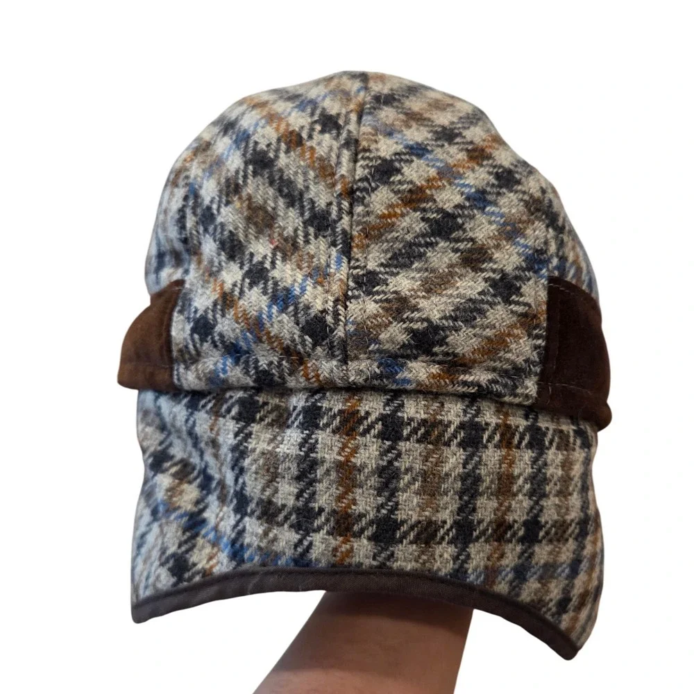 Houndstooth Newsboy Cap Brown Blue‎ Plaid Driving  Hat Ear Flaps Made In Italy